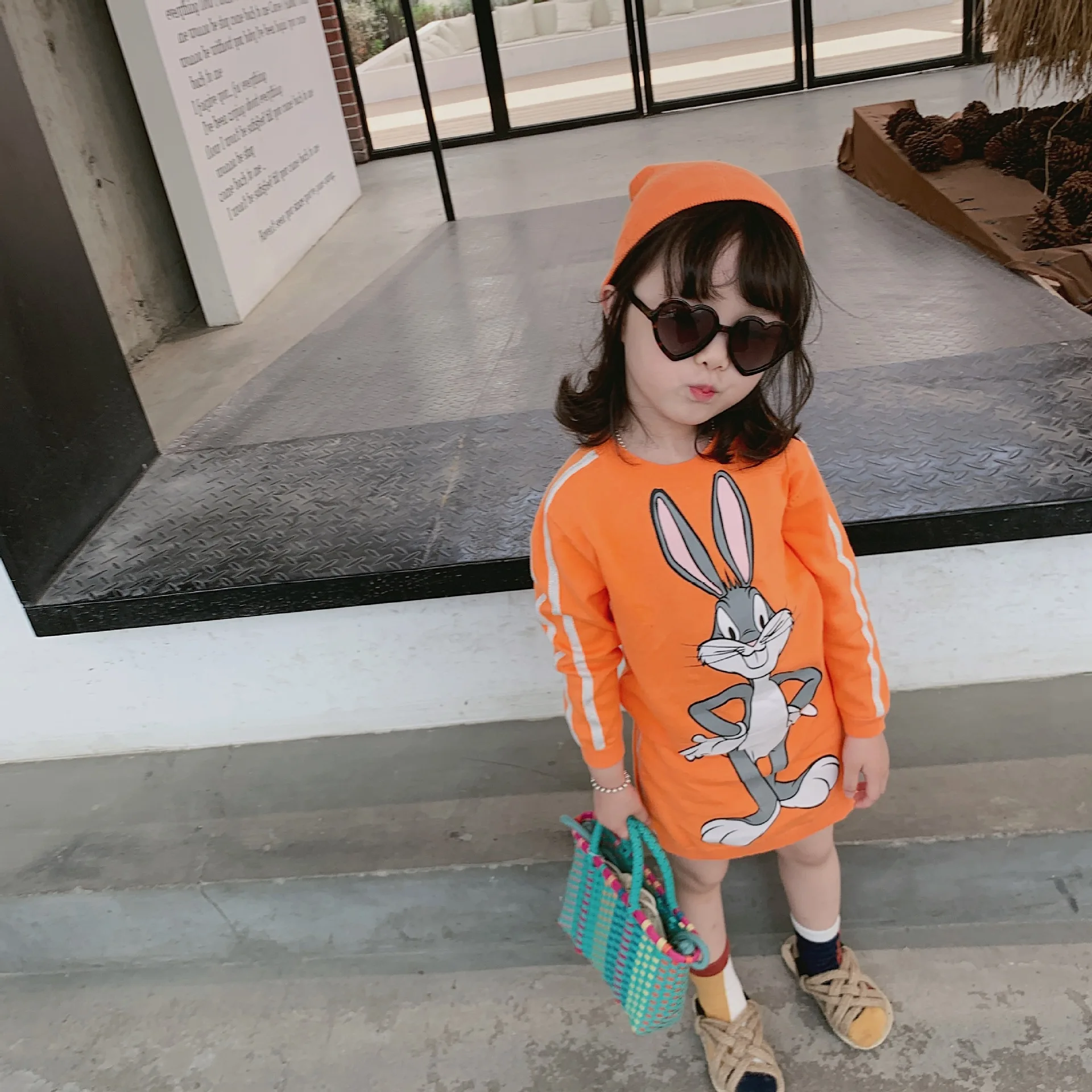 

Autumn Girls clothing set knit solid orange color rabbit pattern printed baby girl clothes set sweater & skirt