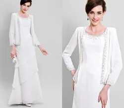 2022 White Mother of the Bride Dress Two Piece Jewel Long Chiffon Crystal Beads Tiered Wedding Party Gowns Robe De Soiree