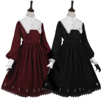 

Medieval Vintage Cosplay Stand Collar Puff Sleeve Lace Color Block Large Swing Dress