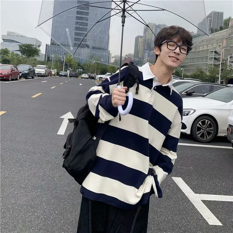 Autumn New Striped Turn-Down Long-Sleeved T-Shirt High Quality Simple Cotton Top Harajuku Hot Sale Vintage Style Unisex Clothes