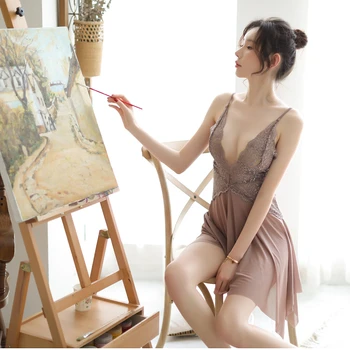 

Women Mesh Nightgown Summer Backless Sexy Loungewear Lace Patchwork Sleep Dress Spaghetti Strap Sleeveless Nightdress S254