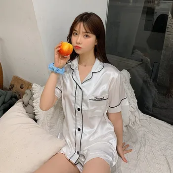 

2020 Summer Short Sleeve Silk Satin Shorts Pajama Sets for Women Sleepwear Pyjamas Loungewear Homewear Pijama Mujer Home Clothes