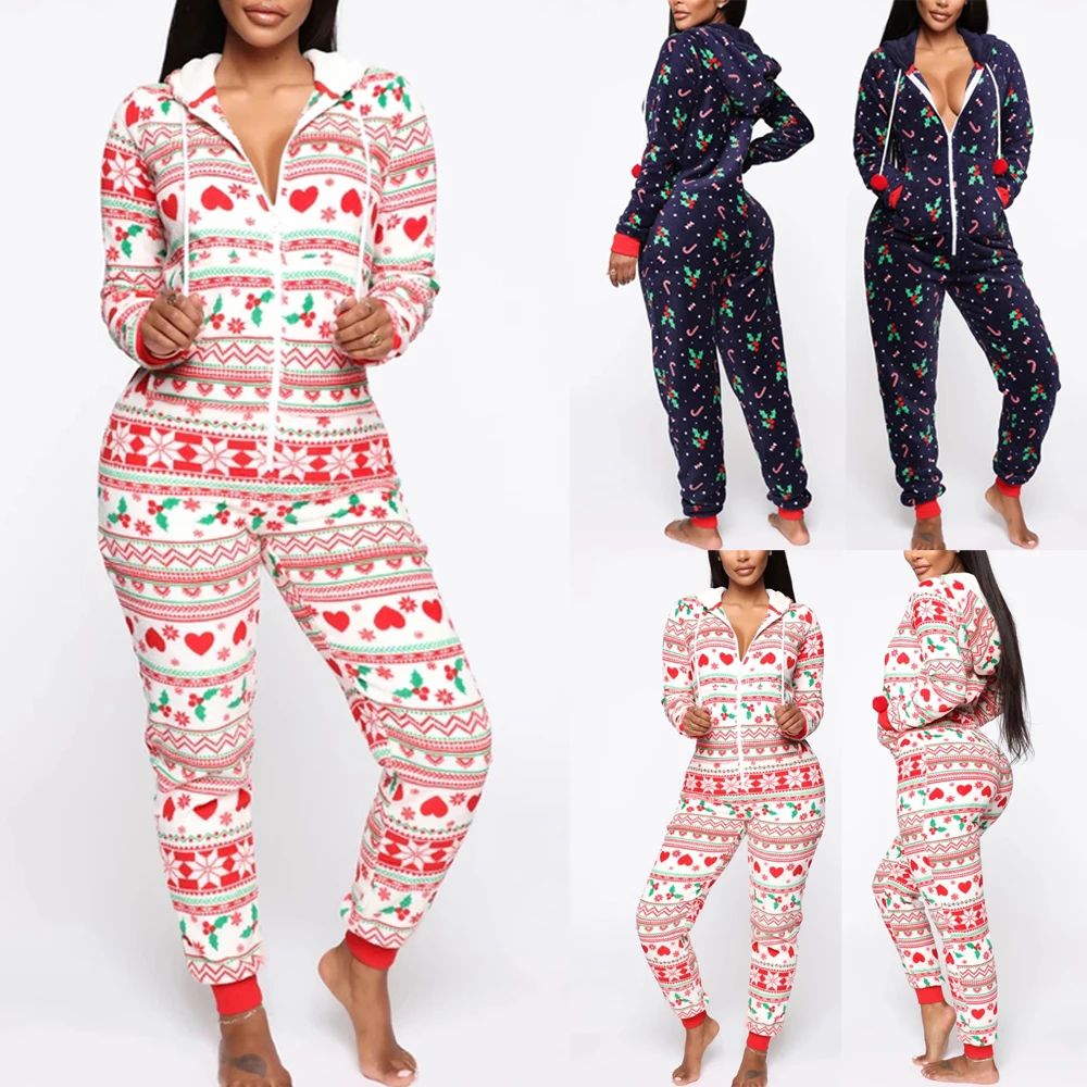 Женская рождественская Пижама, пижама с Санта-Клаусом, Рождественская пижама с длинными рукавами и капюшоном на молнии, длинная Пижама для сна