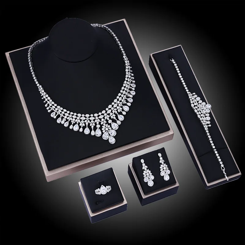 

EYER Water Drop Wedding Necklace Earrings Bracelet Ring Sets for Women Full Cubic Zirconia Bridal Jewelry Sets pendientes mujer