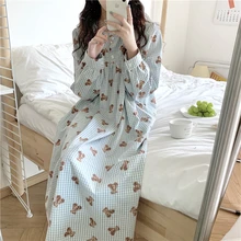 

Cartoon Bear Autumn Nightgown Women Korean 100% Cotton Long Sleepwear Ins Loose Kawaii Plaid Homewear Nightdress Soft