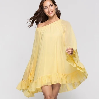 

Plus One Size bikini cover up bat sleeve womens beach dress chiffon flounce swimwear/swimsuit/bathing suit cover ups yellow pink