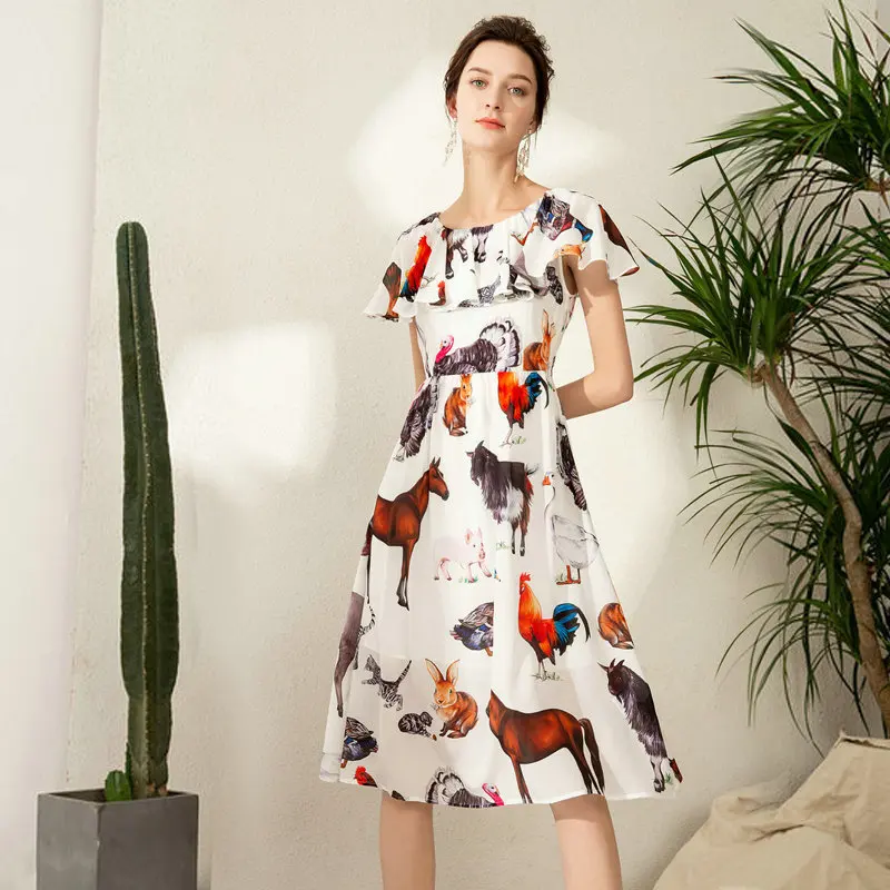 

2019 Summer Woman Dress 100% Silk O-neck Print Animal Pattern Fashion Temperament Soft Comfortable Ladies Dress n70