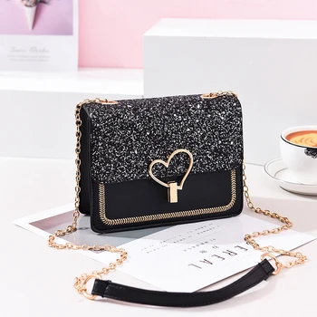 

Fashion Sequin PU Leather Women Bag with Metal Love Shape Lock Chain Messenger Girls Small Purse