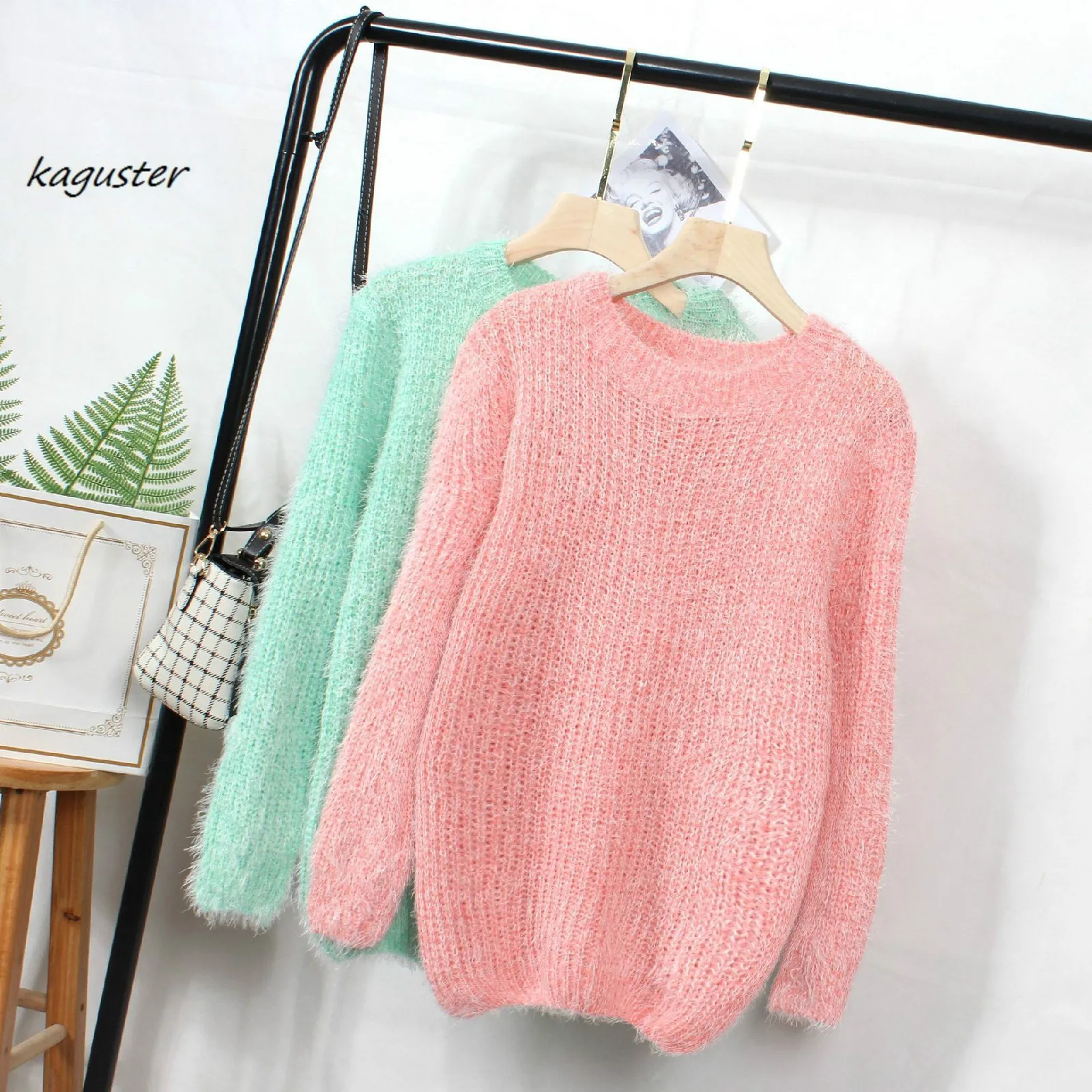 

2020sweaters Spring Autumn new women pullovers loose knitting turtleneck sweater female Candy color O-Neck Solid one size mohair