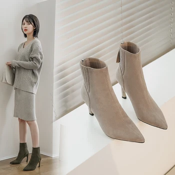 

INS HOT Women ankle boots natural leather upper autumn and winter Pointed fine heel sheep suede Fashion Europe women shoes