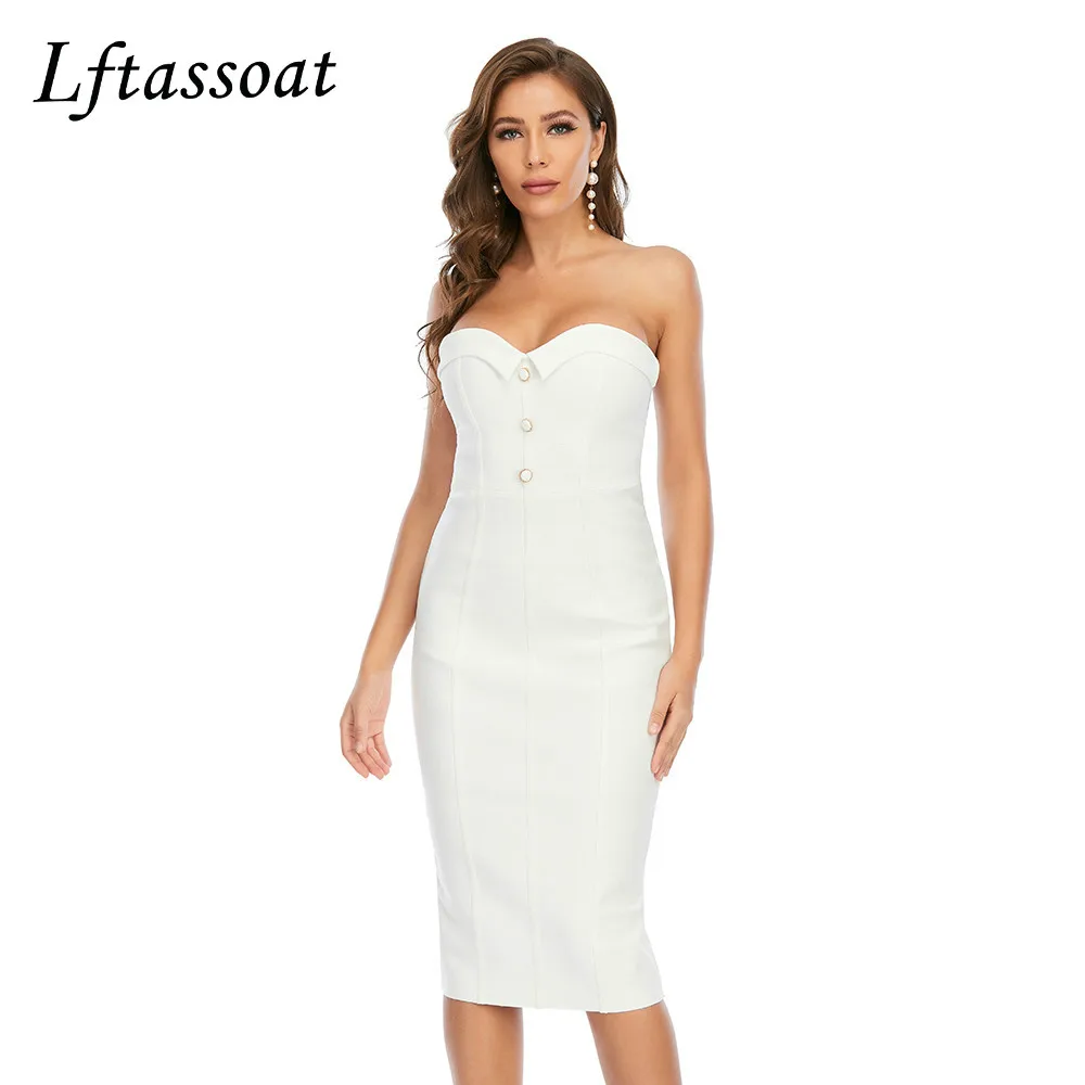 

Lftassoat New Summer Women White Masonry Bandage Dress Vestido Sexy Sleeveless Strapless Club Dress Elegant Celebrity PartyDress