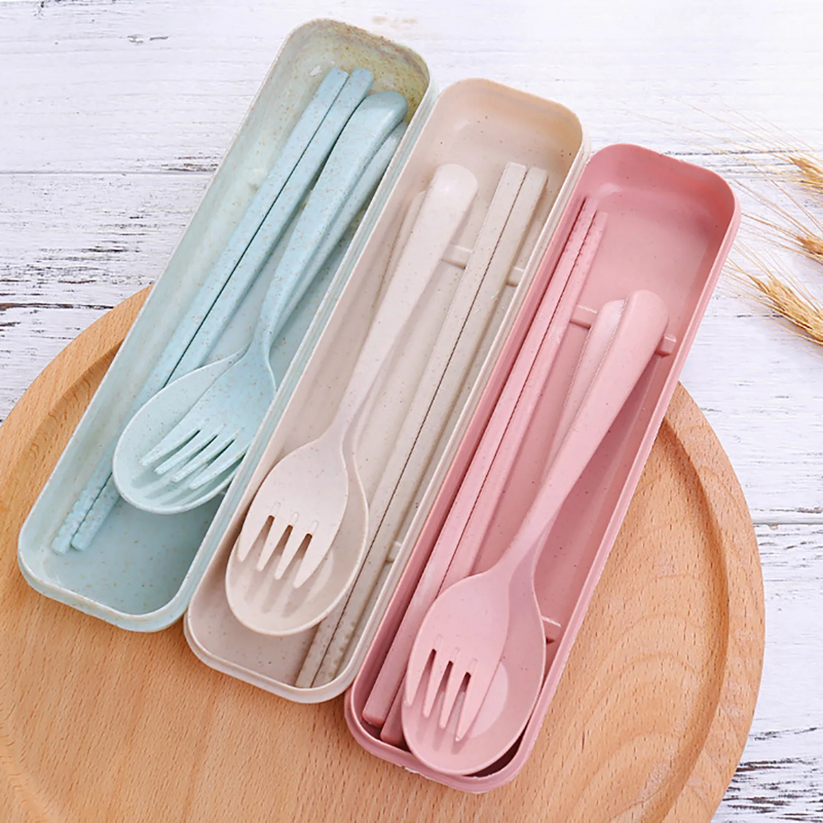 3 Pcs Portable Spoon Fork Chopsticks Reusable Wheat Straw Travel Tableware Set 
