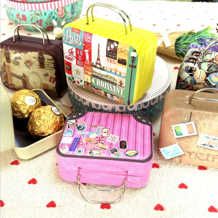 

30pcs Continental Mini Storage Tin Box Retro Suitcase Handbag Small Rectangular Candy Box Small Iron Container Wedding Favor