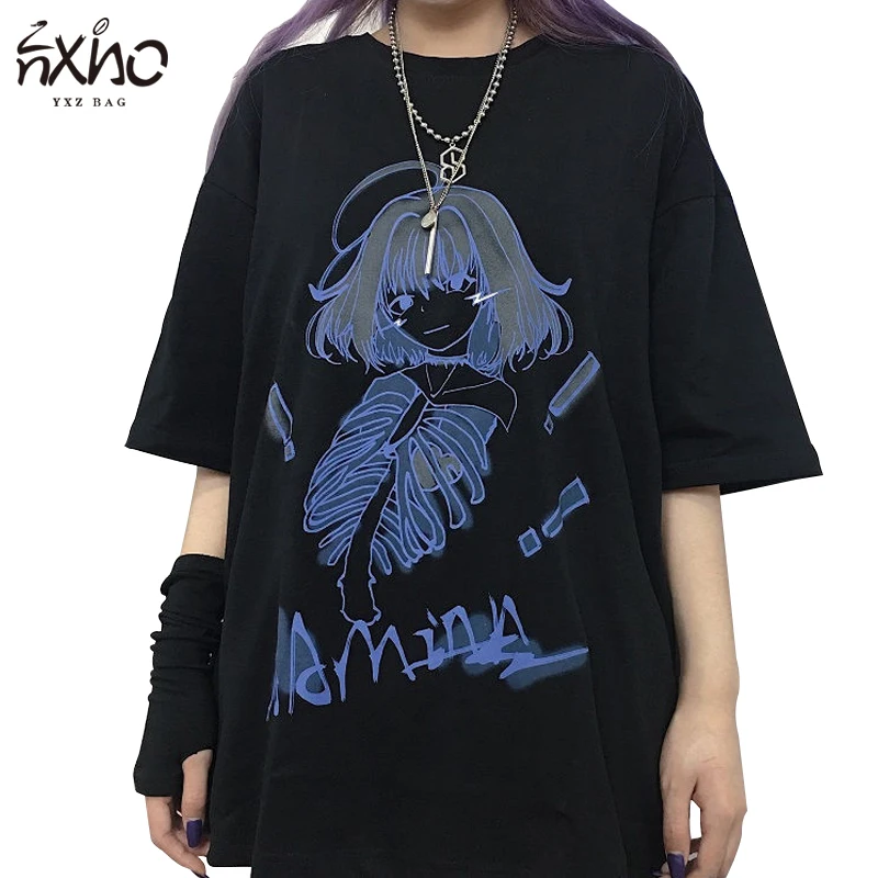 Women Tees Cartoon Print T-shirt Gothic Style Girl O-neck Loose Korean Ins Casual Harajuku Clothes Female Tops Streetwear