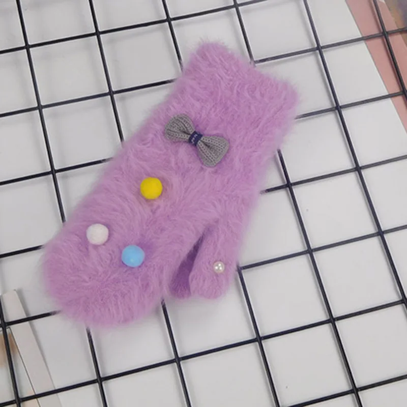 purple Модные новые зимние теплые меховые перчатки с кроличьим мехом, женские модные милые перчатки с помпонами из мультфильмов - Цвет: purple