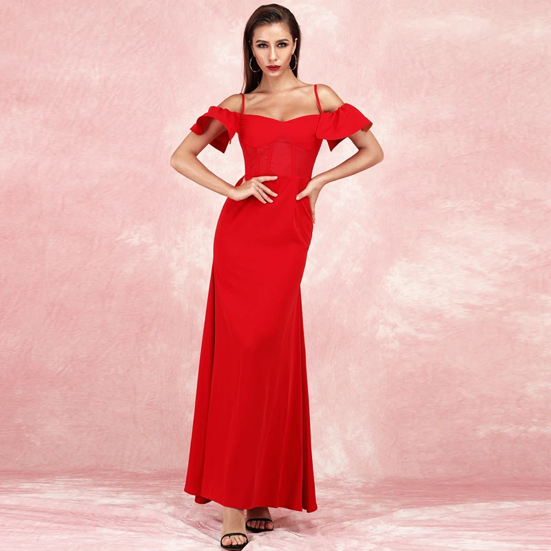 Bqueen, новинка, Vestidos, женское сексуальное платье с v-образным вырезом на бретелях, открытая спина, длина до пола, с оборками, Бандажное платье, вечерние, Клубные платья