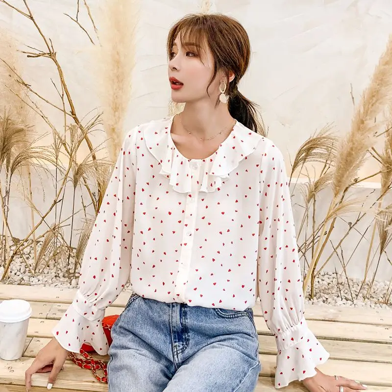 

COIGARSAM Casual Print Shirt Womens tops New Spring Cute Full Sleeve Chiffon Peter pan Collar Women shirts 257