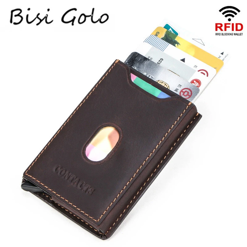 

BISI GORO Men and Women Credit Card Holder Vintage Genuine Leather Card Wallet RFID Blocking Auto Pop-up Aluminum Card Case