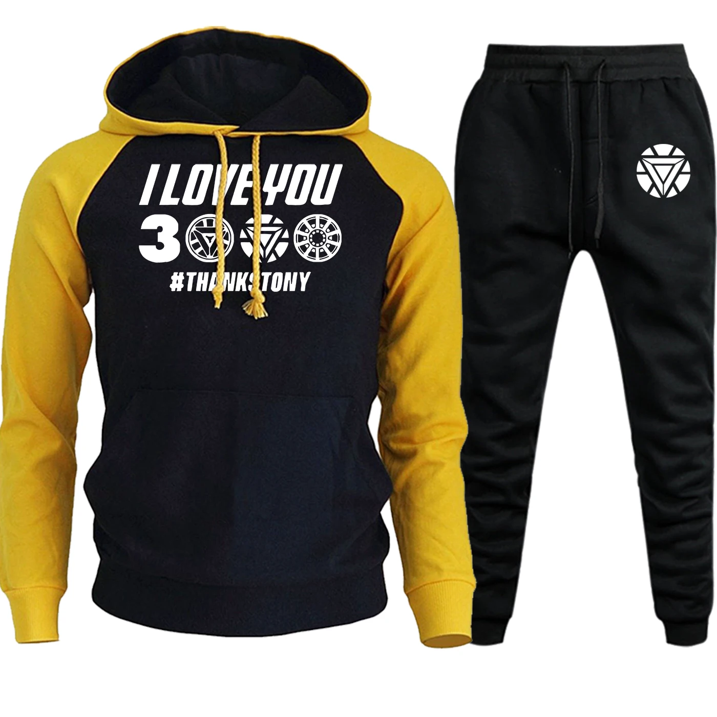 The Avengers 4 Iron Man I Love You 3000 Streetwear Mens Raglan Hooded Autumn Winter Suit Fleece Pullover+Pants 2 Piece Set