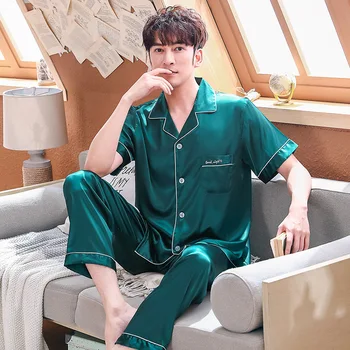 

Summer Autumn Solid color Short Sleeve Pajamas Set Lovers Silk Satin Pajama Sets Couple Pajamas Women Sleepwear Sets Pijama Muje