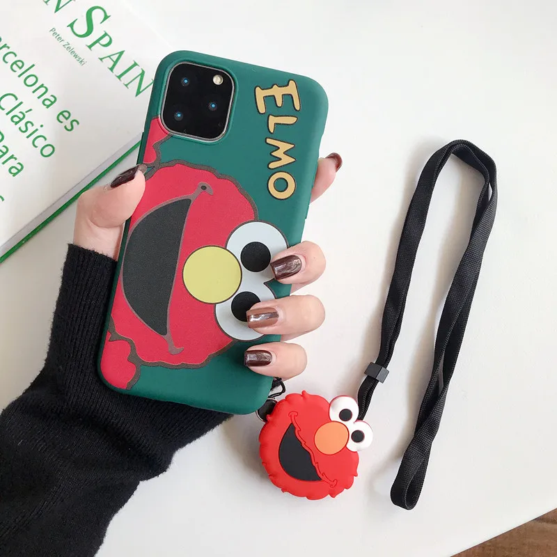 New Sesame street Silicone TPU Phone Case For iPhone 11 Pro Max Xs Max XR For iPhone 6 7 8 Plus Elmo Back Cover Case+Lanyard