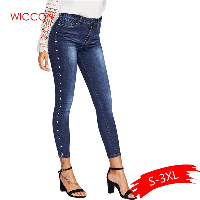 

Plus Size 3XL Skinny Side Pearl Beading White Wash Capris Jeans Dark Blue Women Casual Stretch Denim Pants Trousers High Waist
