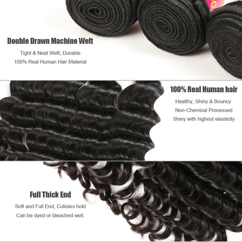 3 шт. бразильские натуральные волнистые пучки человеческих волос с кружевной