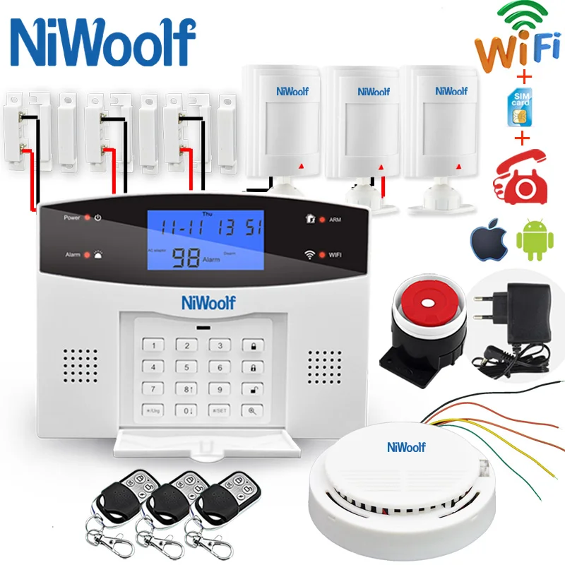 Sistema de Alarme sem Fio Sensor da Porta Wifi Casa Wired Detector Relé Saída Controle Inteligente App Fogo Fumaça Movimento Alarme Gsm &