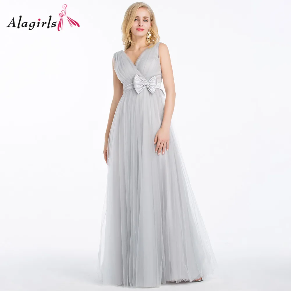 

V-neck ruched tulle bridesmaid dresses Women sleeveless grey long robes Simple floor length party gowns bow plus size