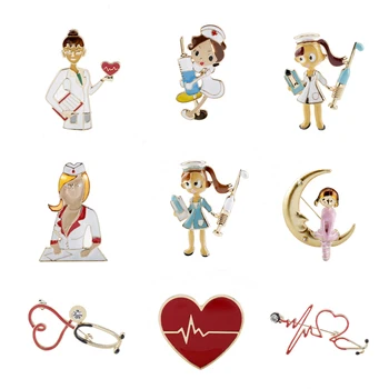 

Cartoon Doctor Nurse Stethoscope Injection Cardiogram Heart Moon Metal Enamel Brooches Lapel PIns Badges Jewelry For Women