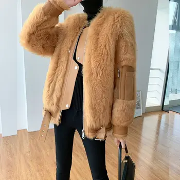 

Fashion Womens Faux Wool Fur Round Neck Stylish Design Faux Leather Patchwork Jacket lady Coat Winter Warm Female Coats K0112