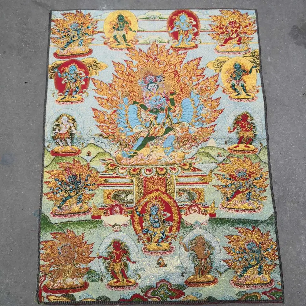 

35" Thangka embroidery Tibetan Buddhism silk embroidery brocade Nepal Mahakala Thousand Hands Huanxi Buddha Thangka