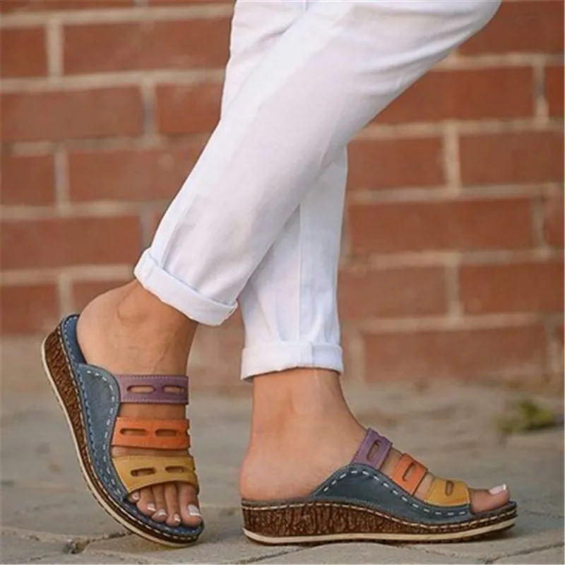 

Summer Women Wedge Heel Beach Open Peep Toe Sandals Slippers Lady Fashion 3 color stitching color Casual Shoes Plus size 34-43
