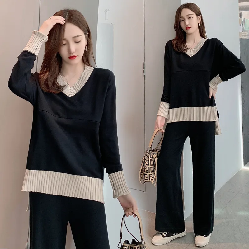 

2019 New Style Early Autumn Breastfeeding Set V-neck Long Sleeve Knitted Jacket Loose Pants Feeding Set