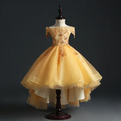 Off Shoulder Golden Tulle Flower Girl Dress Pageant Dresses For Girls Pretty First Communion Party Gown Kids Wedding Frocks | Детская