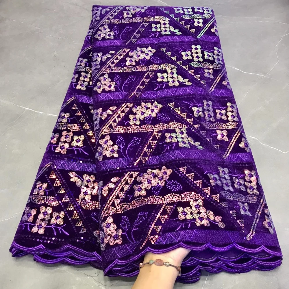 Новейшая фиолетовая африканская бархатная кружевная ткань 2020 Высококачественная вышивка блестками