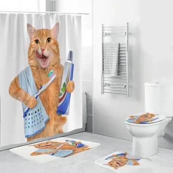 

4PCS/Set Toothpaste cat Shower Curtain Bath Curtain Waterproof Polyester