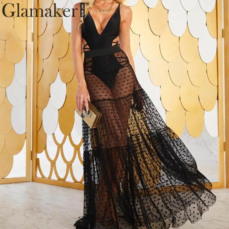 Glamaker, сексуальное пляжное платье в горошек, для женщин, высокая талия, сетка, накидка, прозрачный купальник, бикини, накидка, летняя пляжная одежда, новинка