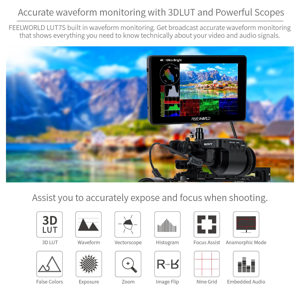 US $369.99 FEELWORLD LUT7S 7 Inch 2200nits 3G SDI 4K HDMI Touch Screen 3D LUT Field Monitor Full HD 1920x1200 IPS Monitor For DSLR Cameras