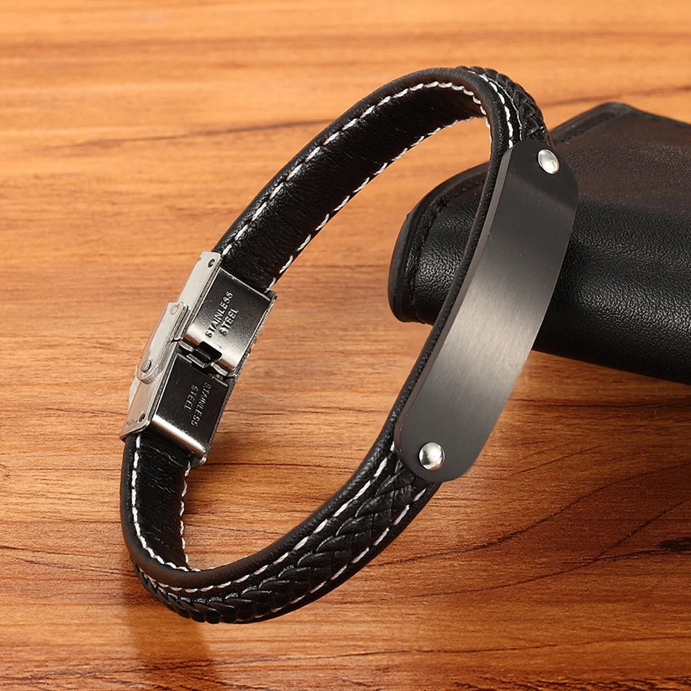 Stainless Steel Tri-Color Accessories Men’s Leather Bracelet Hand-knitted Black Leather for Boys Commemorating Christmas Gifts