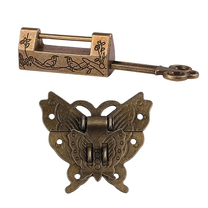 

Best 2 Set Carved Flower Bird Vintage Lock with Key & Butterfly Latch Hasp & Screws for Cabinet Jewelry Box Gift Box