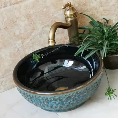 

Bathroom Round Ceramic Vessel Sink Vanity Artistic Basin With Pop Up Drain Combo AB255