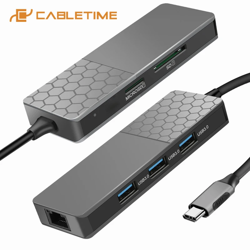 

CABLETIME USB C HUB to USB3.0 Multi SD TF Card Lan Ethernet Mirror Hub Data Transmission for Macbook Laptop PC Dell Acer C286