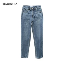 BIAORUINA, женские джинсы, подходят ко всему, Выбеленные, с высокой талией, с двумя пуговицами, женские модные прямые джинсы, Новое поступление