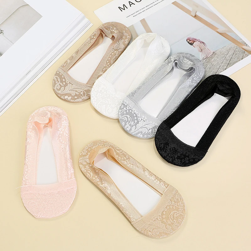4Pair/lot=8pieces Lace-side Jacquard Shallow Mouth Women Socks Silicone Non-slip Odor-Resistant Female Boat Socks