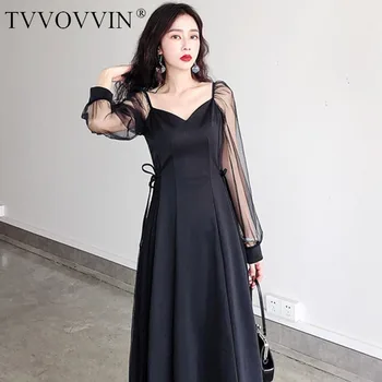 

Loose 2020 Spring New Style French Retro Charade Sense of Design V neck Long-sleeve Dress Mid Length Hepburn Black Dress ZLL5001
