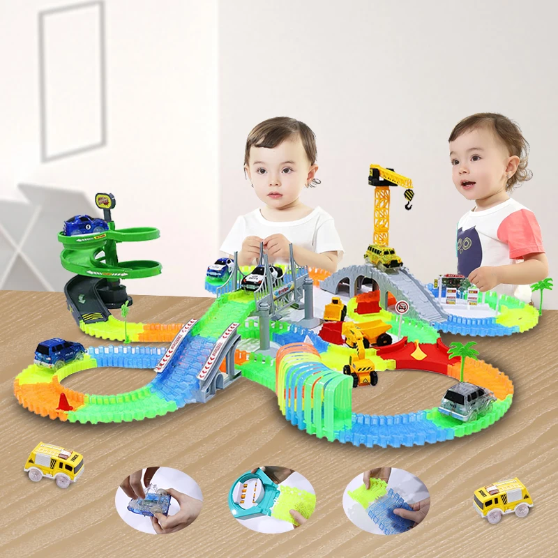 Diy Plastic Racing Track Toy with Glowing Cars