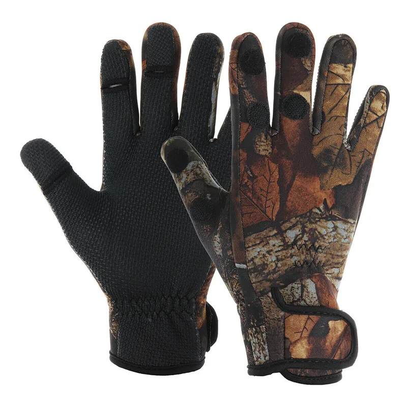 Neoprene Camo Fishing Gloves Finger Protector Hunting Outdoor Windproof Winter Non-slip Fishing Gloves Three Fingers Cut Gloves