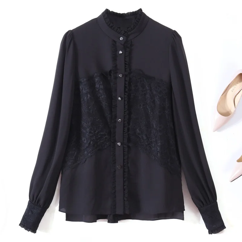 Tops Fashion Blouse Shirts Autumn White Black Shirt Women Ruffled Collar Lace Patchwork Long Sleeve Elegant Shirt Blusas