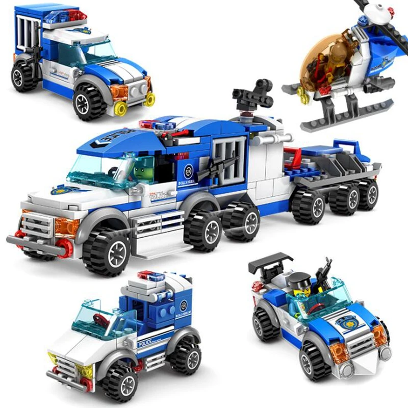 

67252 city police series 4 in 1 police car truck helicopter set large command car DIY children spelling educational toys gifts